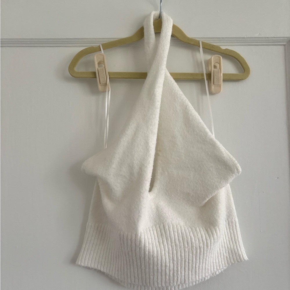 White Halter Knit Twist Top